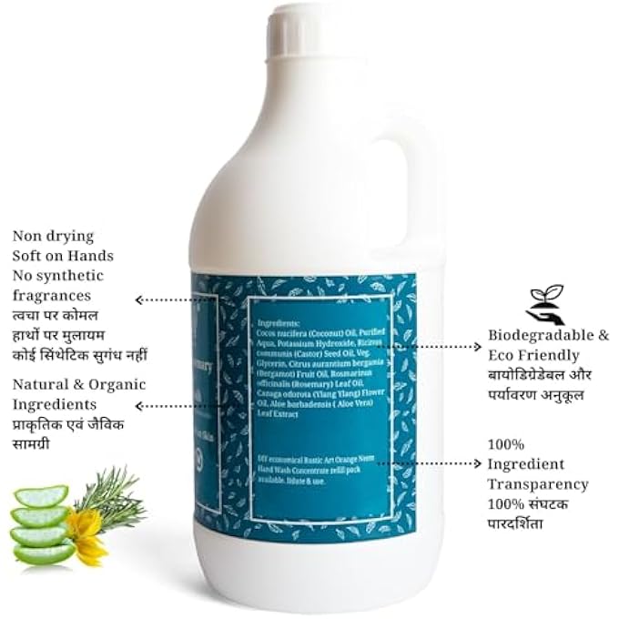 Rustic Art ORGANIC HAND WASH | NATURAL, VEGAN | NON-DRYING, HYDRATING | (ALOE VERA ROSEMARY, 1100ML) - Image 5